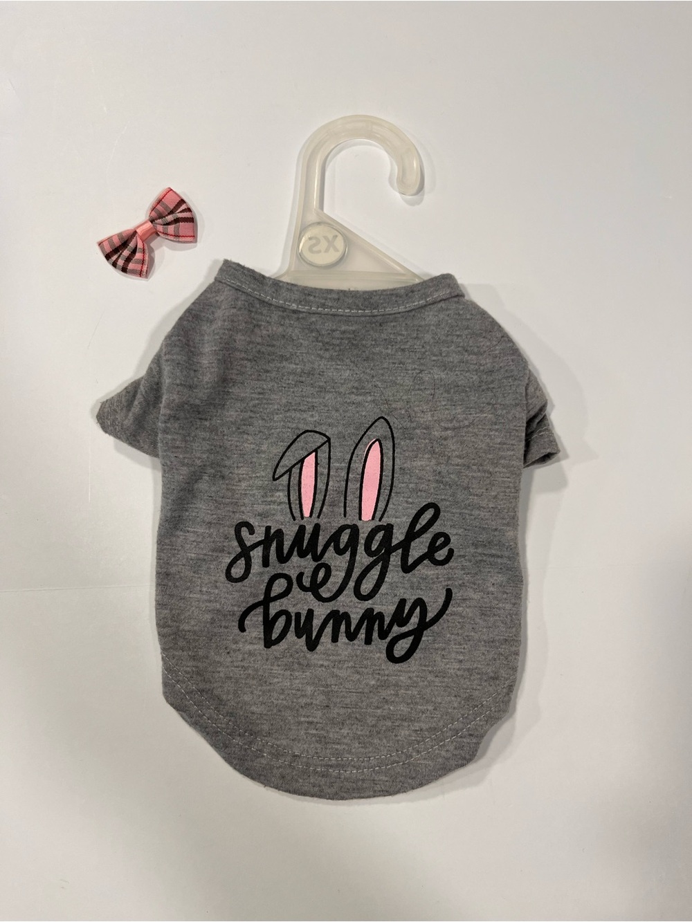 Snuggle Bunny Gray Dog Tee with Pink Plaid bow